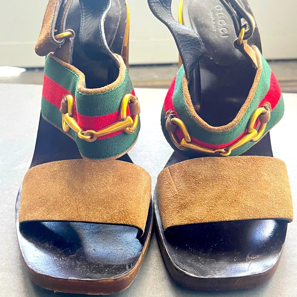 GUCCI Querelle Web Gold Heel Sandal Size 37